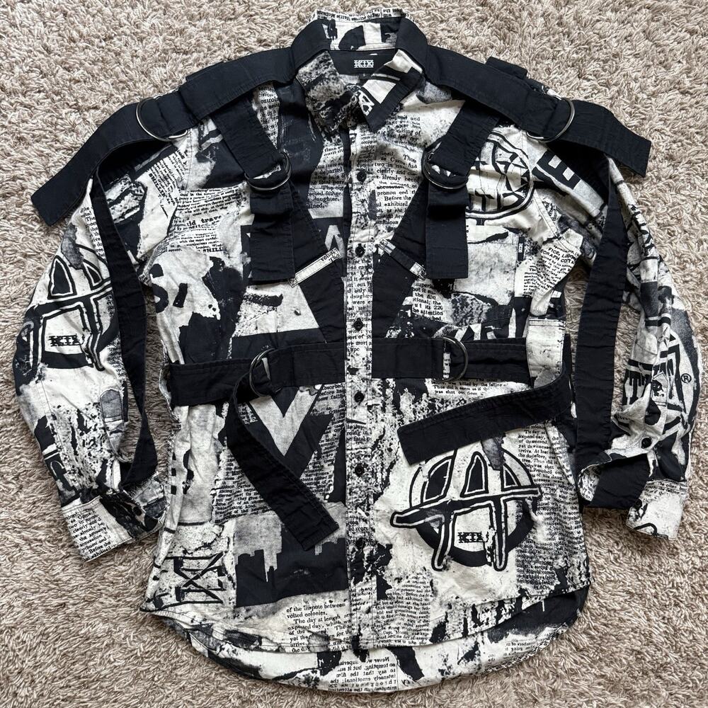 KTZ Kokon To Zai Newspaper Print Gimmick Parachute Shirt Bondage Men’s Size S